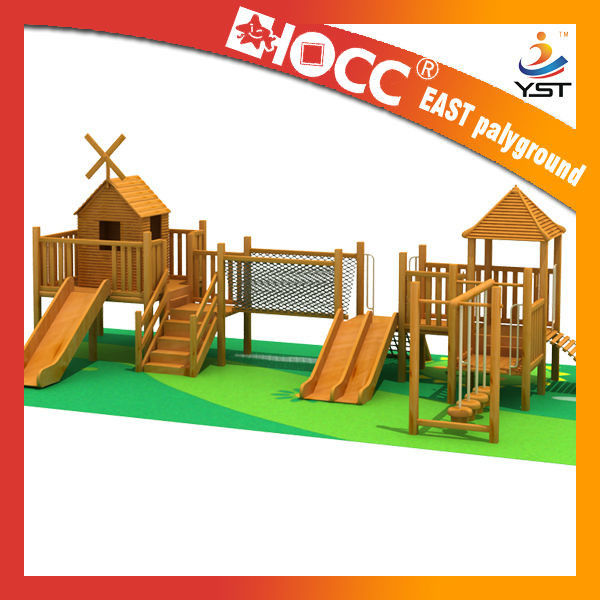 Funny Outdoor Wooden Play Structures , Wooden Climbing Frame With Slide