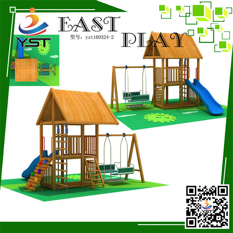 CE Certificated Wooden Playground Equipment , Wooden Swing And Slide Set